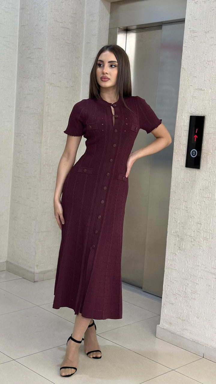Women's Knitted Button-Front Midi Dress with Short Sleeves - photo 3