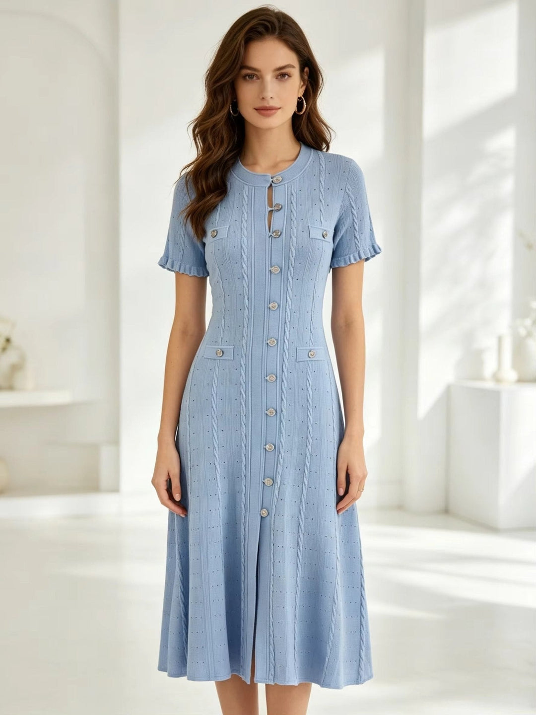 Women's Knitted Button-Front Midi Dress with Short Sleeves - photo 5