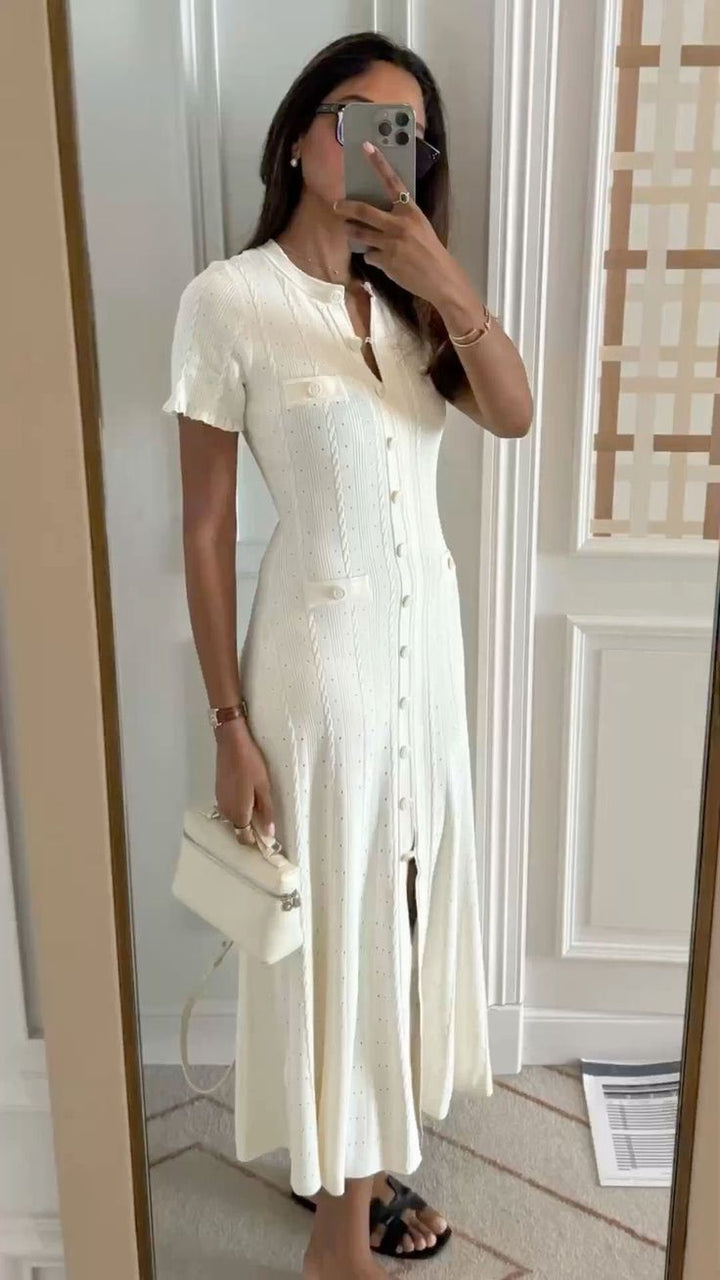 Women's Knitted Button-Front Midi Dress with Short Sleeves - photo 7