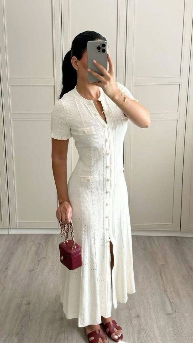 Women's Knitted Button-Front Midi Dress with Short Sleeves - photo 8