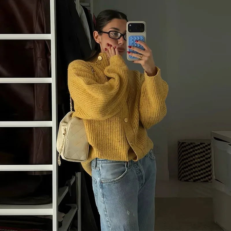 Women's Knitted Relaxed Cardigan in Ginger Yellow - photo 3