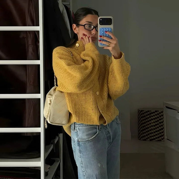 Women's Knitted Relaxed Cardigan in Ginger Yellow - photo 3