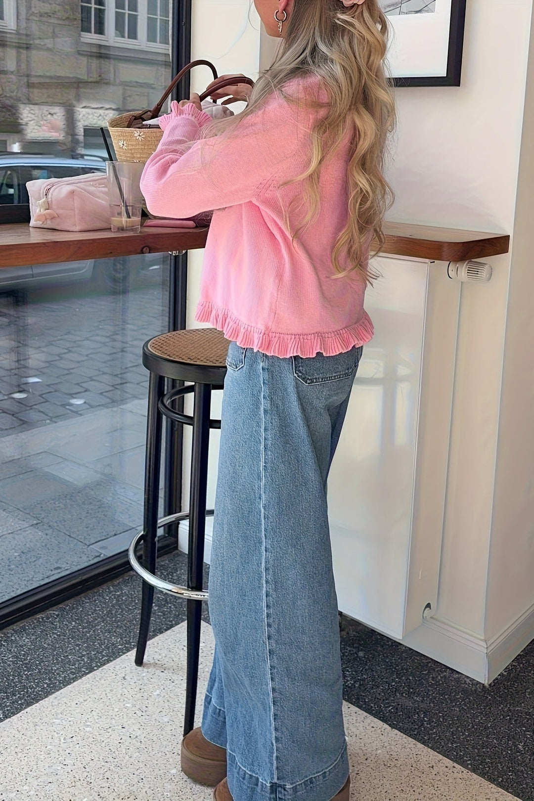 Women's Knitted Relaxed Cardigan with Ruffle Trim - photo 4