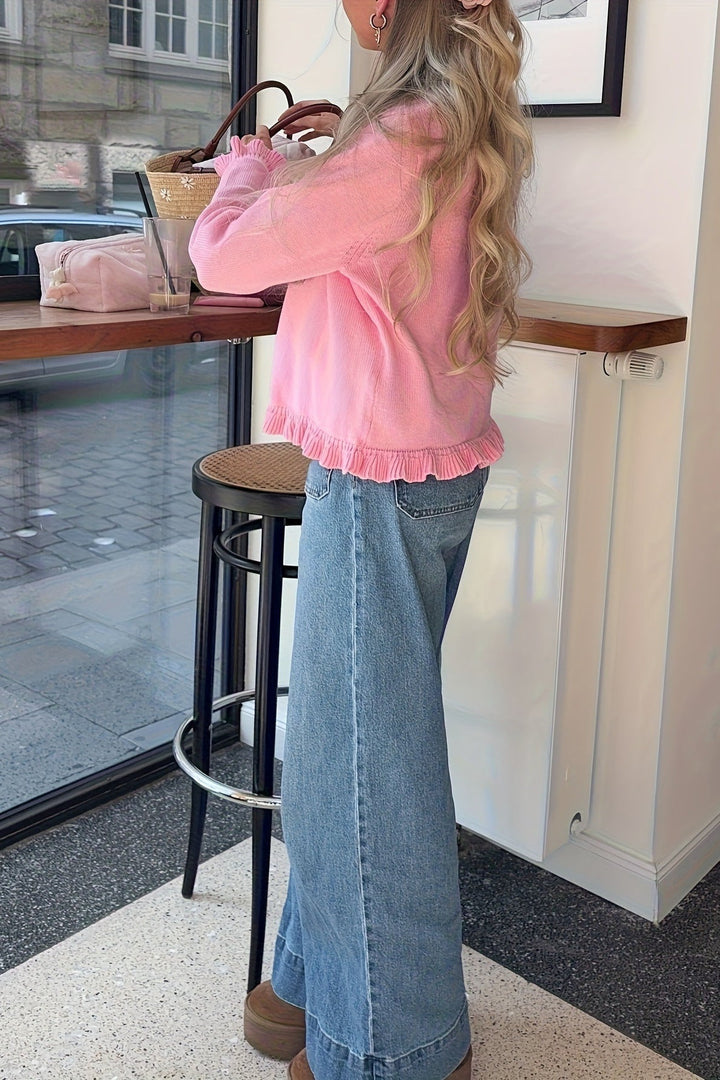 Women's Knitted Relaxed Cardigan with Ruffle Trim - photo 4