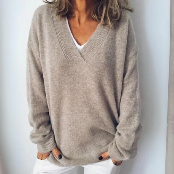 Women's Knitted Relaxed Jumper with V-Neck - photo 1
