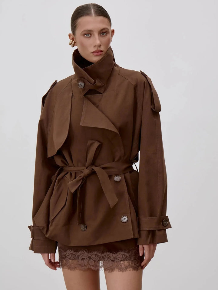 Women's Lace Trim Trench Coat with Stand Collar - photo 2