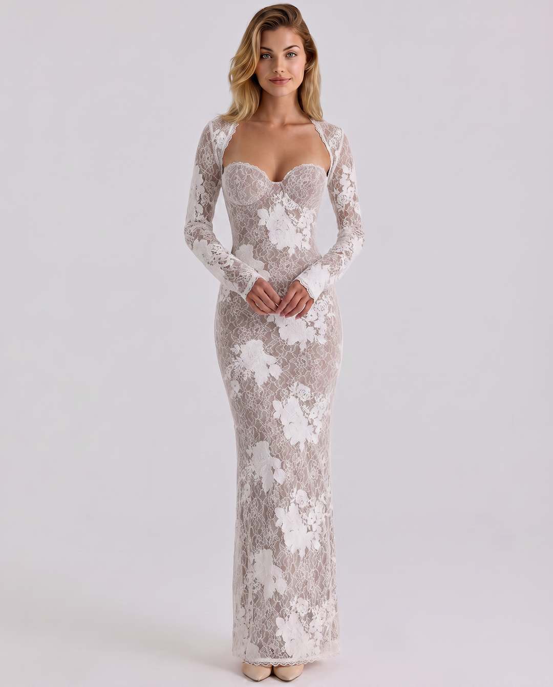 Women's Lace Trim Long Sleeve Maxi Dress - photo 2