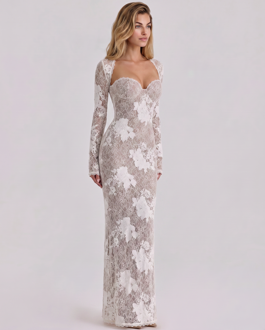 Women's Lace Trim Long Sleeve Maxi Dress - photo 9