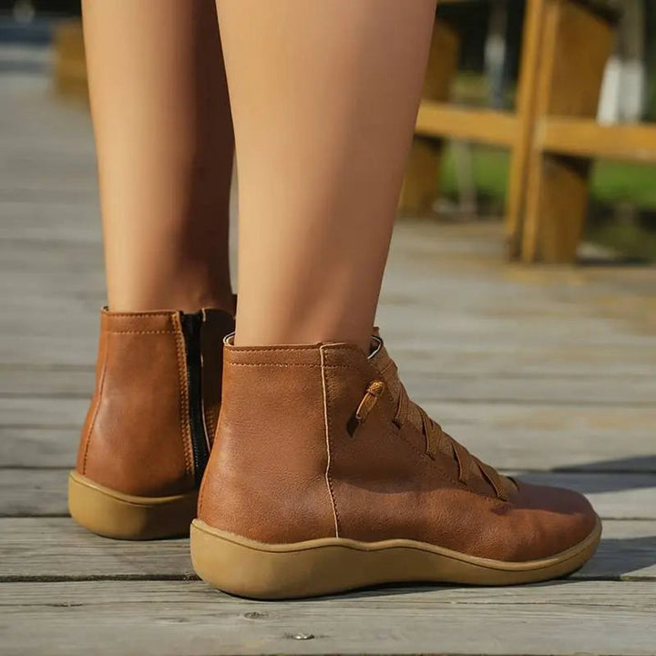 Women's Lace-up Side-zip Flat Leather Ankle Boots - photo 11