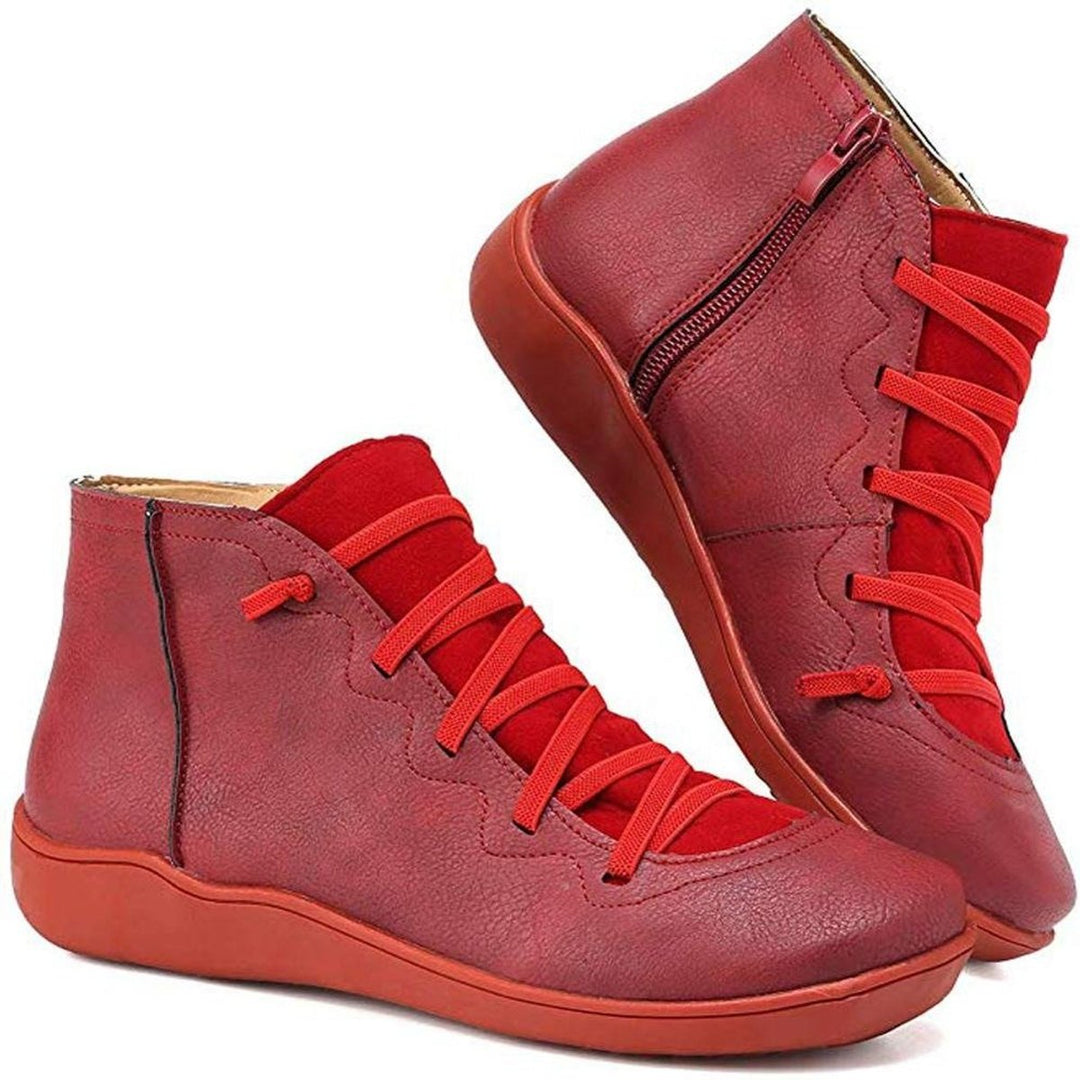 Women's Lace-up Side-zip Flat Leather Ankle Boots - photo 2