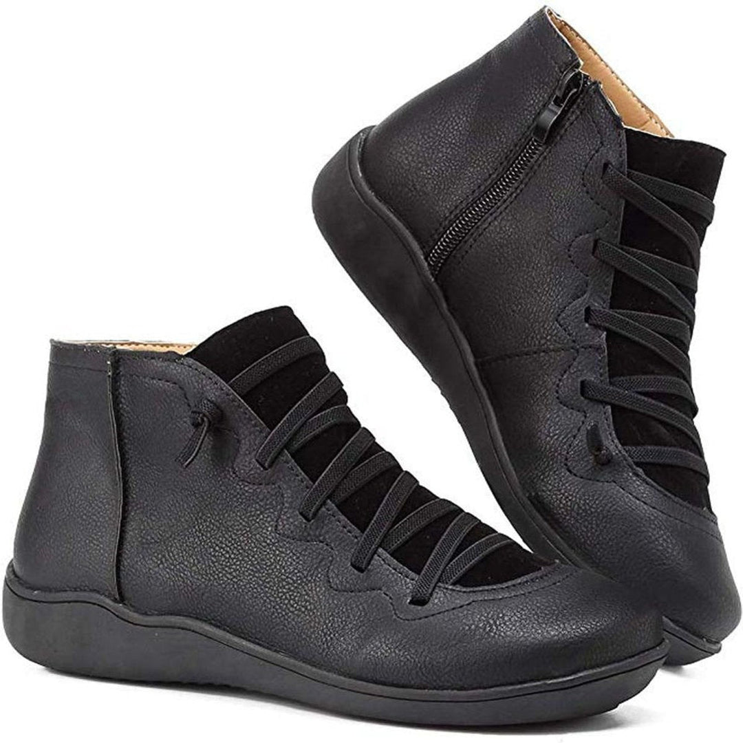Women's Lace-up Side-zip Flat Leather Ankle Boots - photo 3