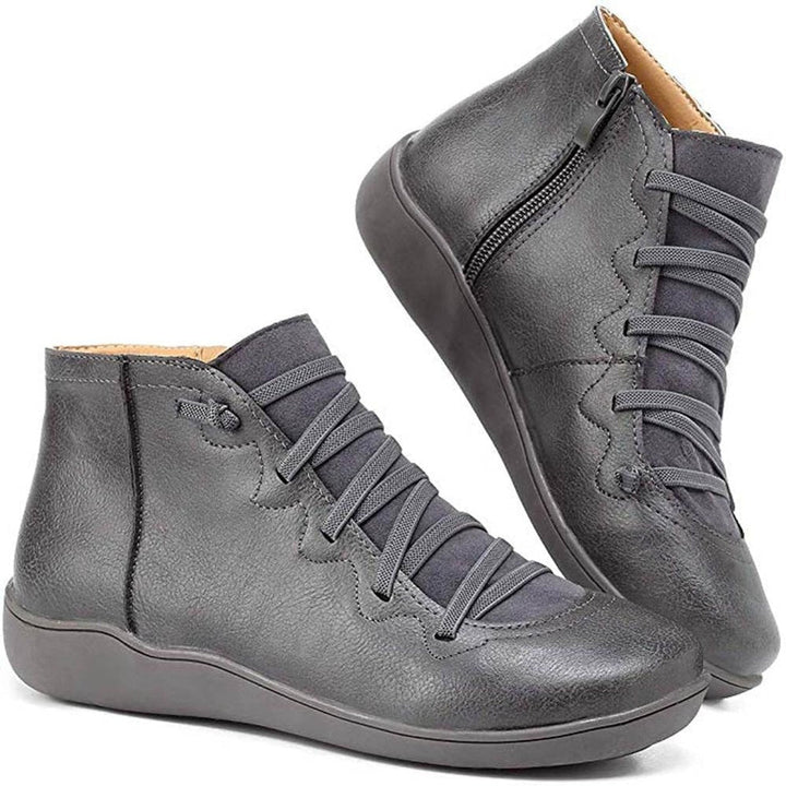 Women's Lace-up Side-zip Flat Leather Ankle Boots - photo 4
