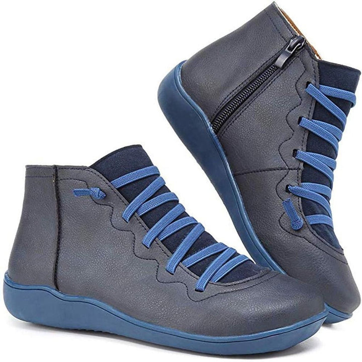 Women's Lace-up Side-zip Flat Leather Ankle Boots - photo 5