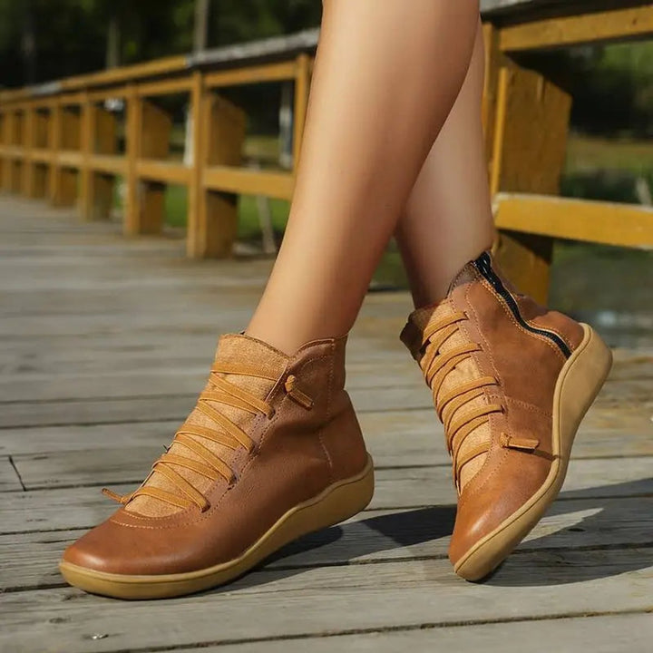Women's Lace-up Side-zip Flat Leather Ankle Boots - photo 8