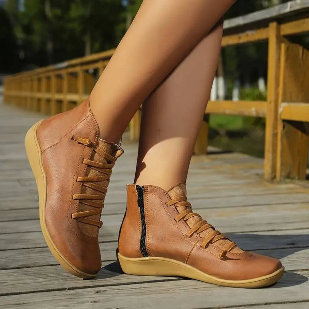 Women's Lace-up Side-zip Flat Leather Ankle Boots - photo 9