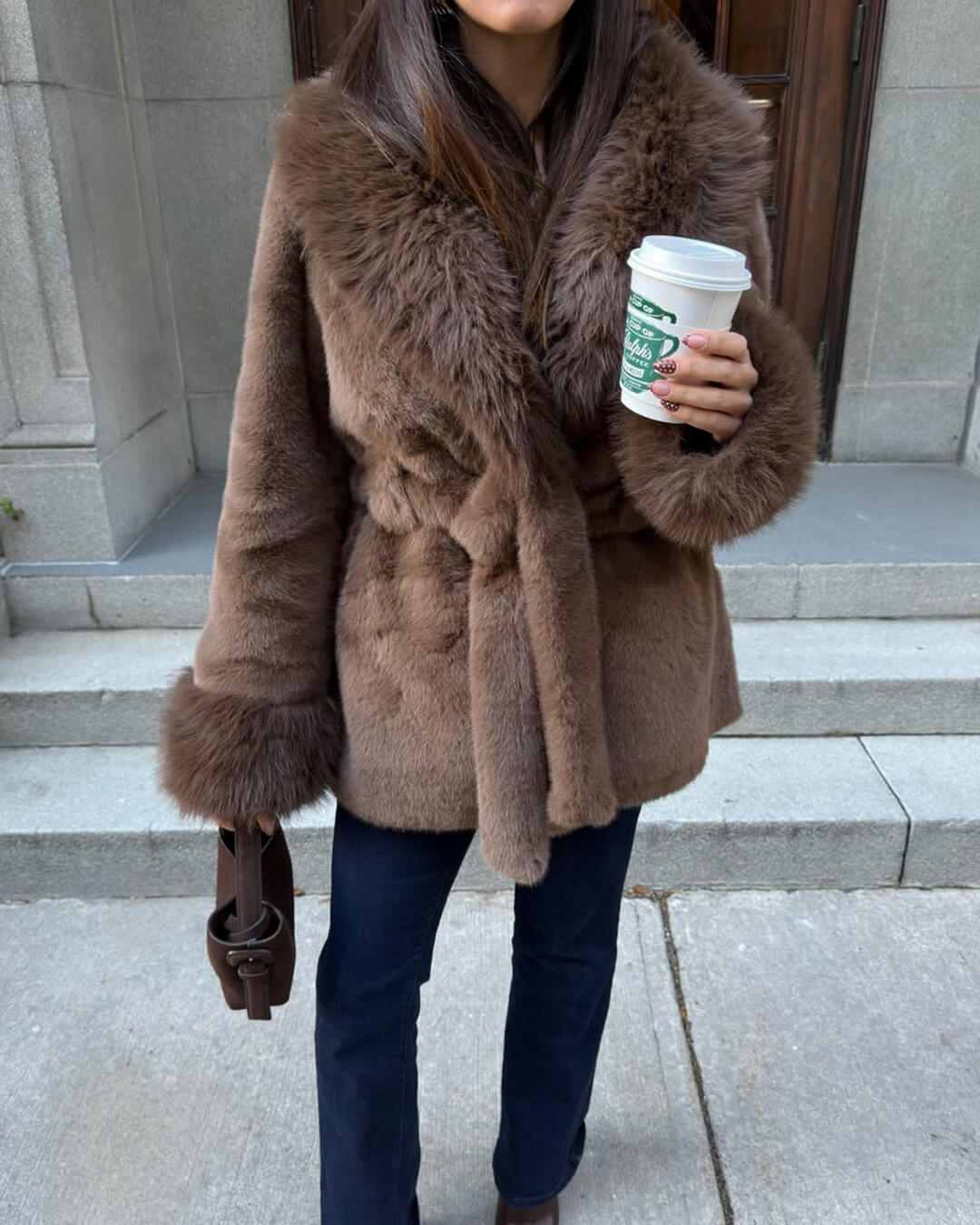 Women's Coat with Faux Fur Trim Collar and Cuffs - photo 1