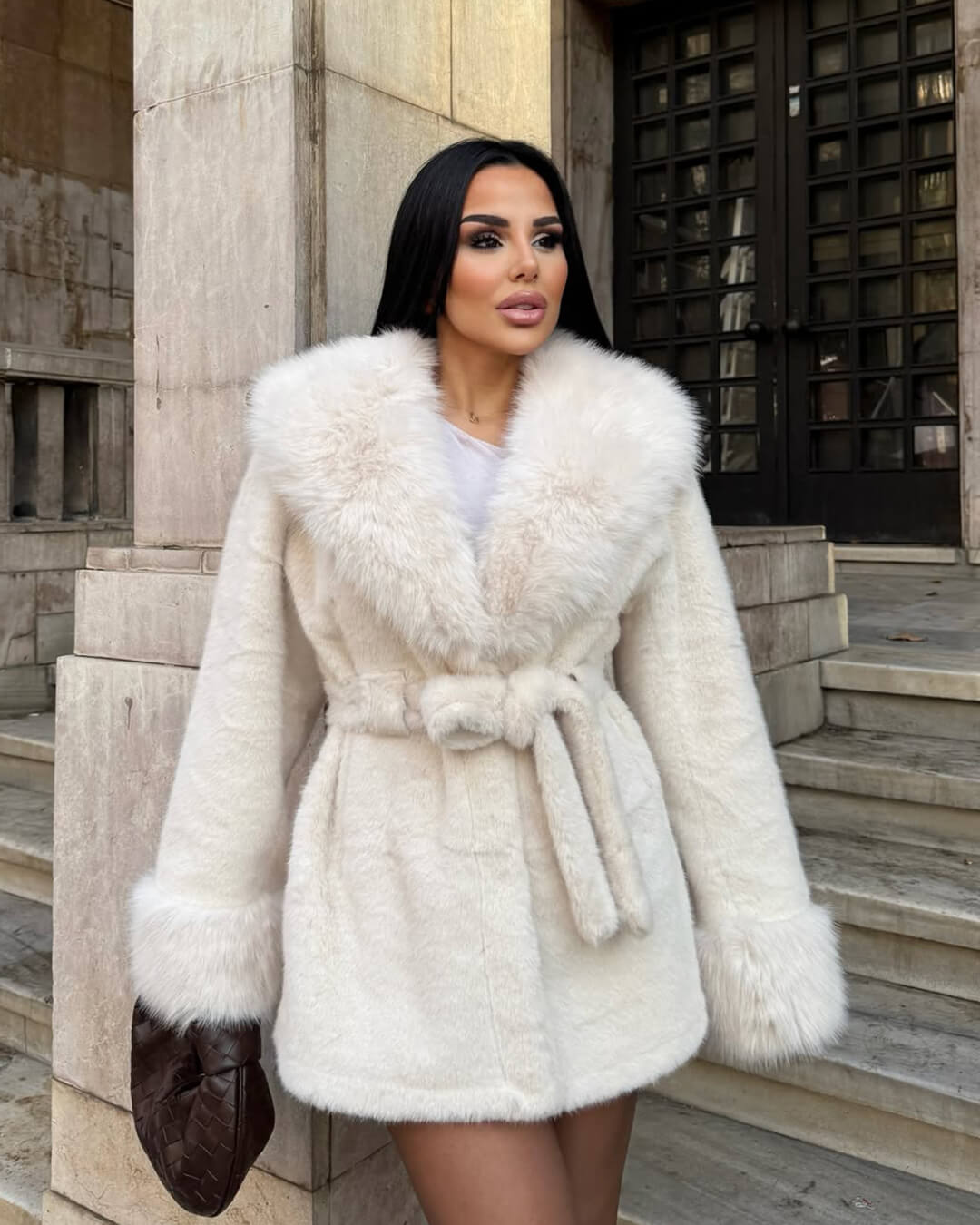 Women's Coat with Faux Fur Trim Collar and Cuffs - photo 2
