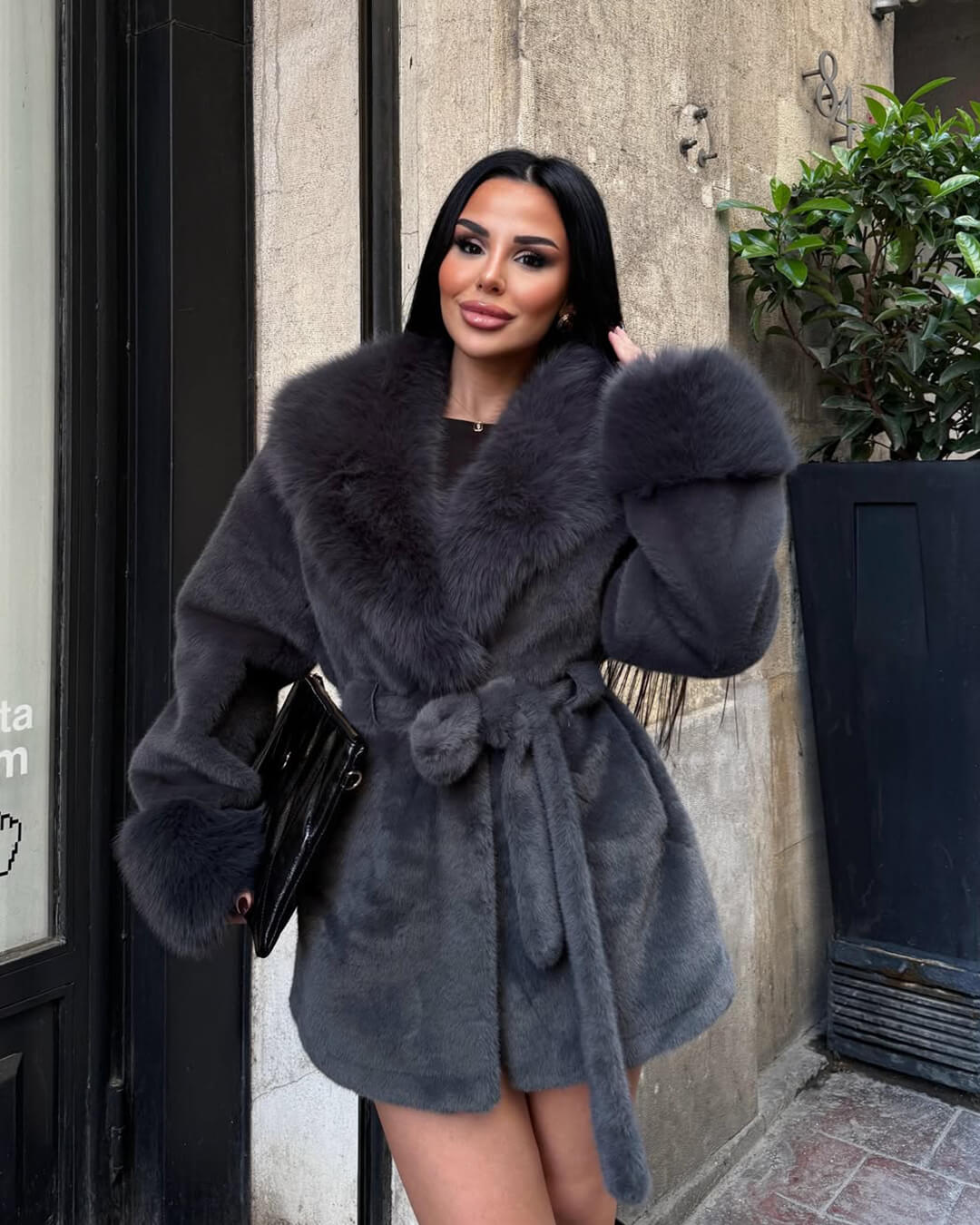 Women's Coat with Faux Fur Trim Collar and Cuffs - photo 3
