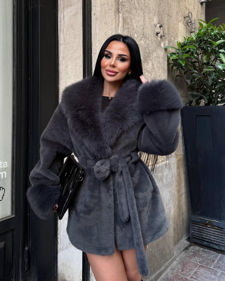 Women's Coat with Faux Fur Trim Collar and Cuffs - photo 3