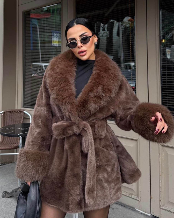 Women's Coat with Faux Fur Trim Collar and Cuffs - photo 4