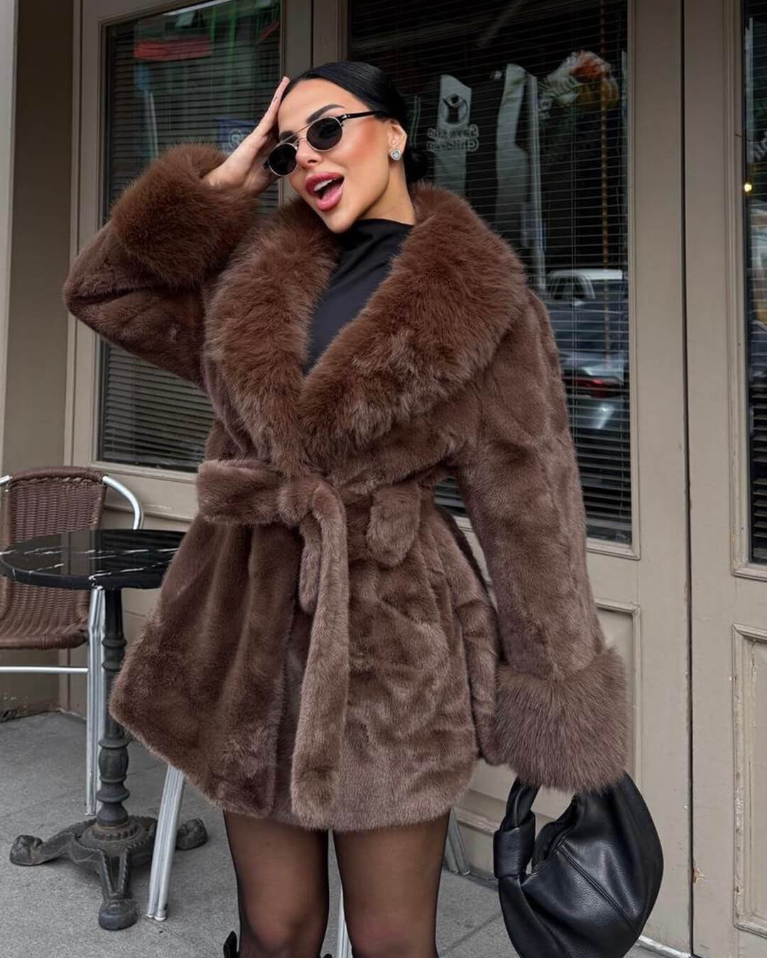 Women's Coat with Faux Fur Trim Collar and Cuffs - photo 8