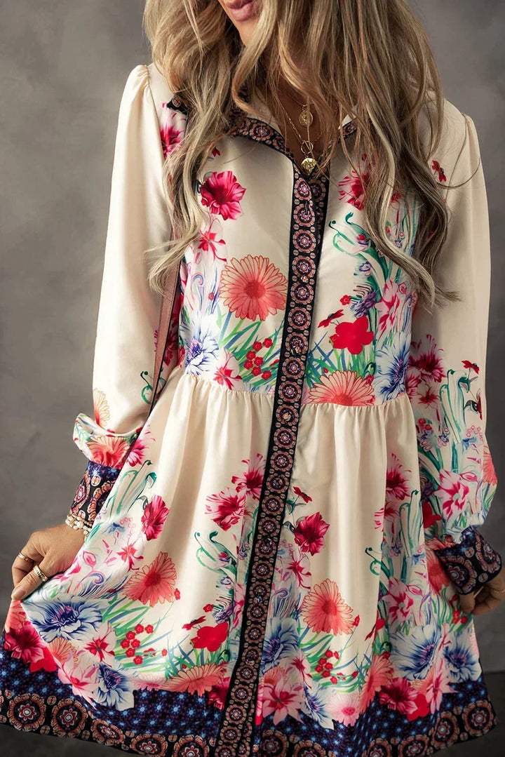 Women's Multicolor Floral Print Mini Dress with Long Sleeves - photo 1
