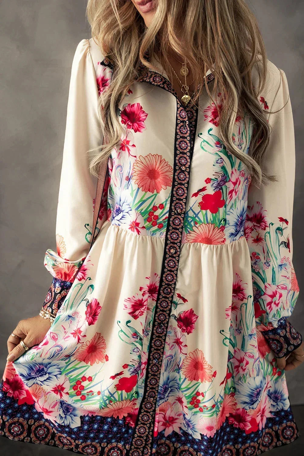 Women's Multicolor Floral Print Mini Dress with Long Sleeves - photo 2