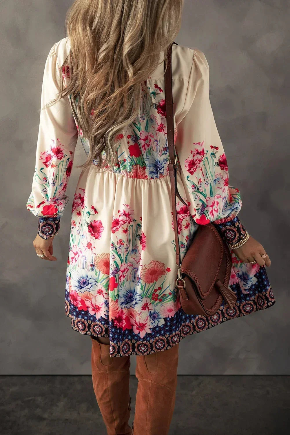 Women's Multicolor Floral Print Mini Dress with Long Sleeves - photo 3