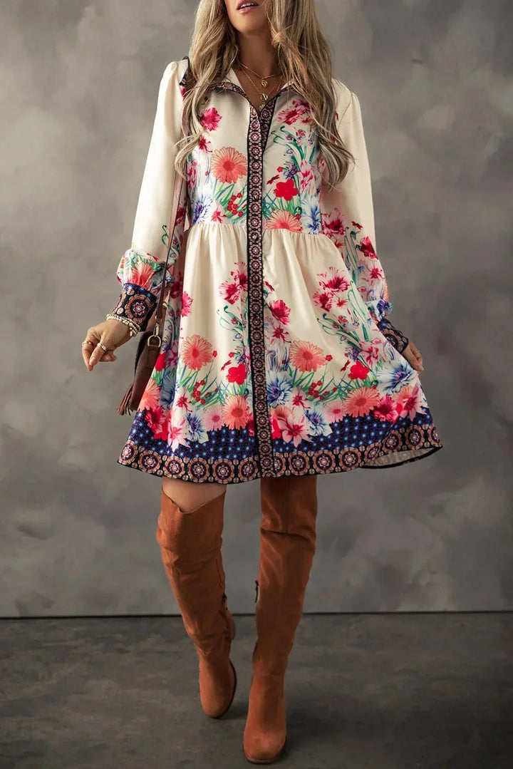 Women's Multicolor Floral Print Mini Dress with Long Sleeves - photo 4