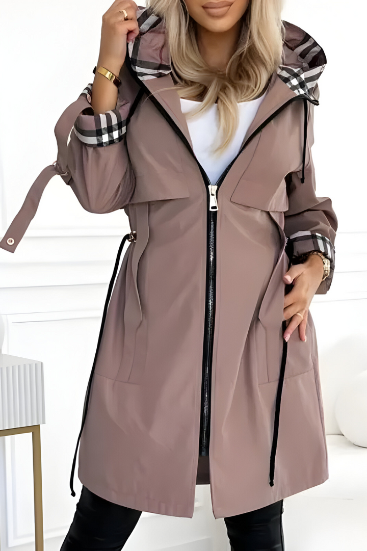 Women's Hooded Parka with Drawstring Waist and Check Lining - photo 1