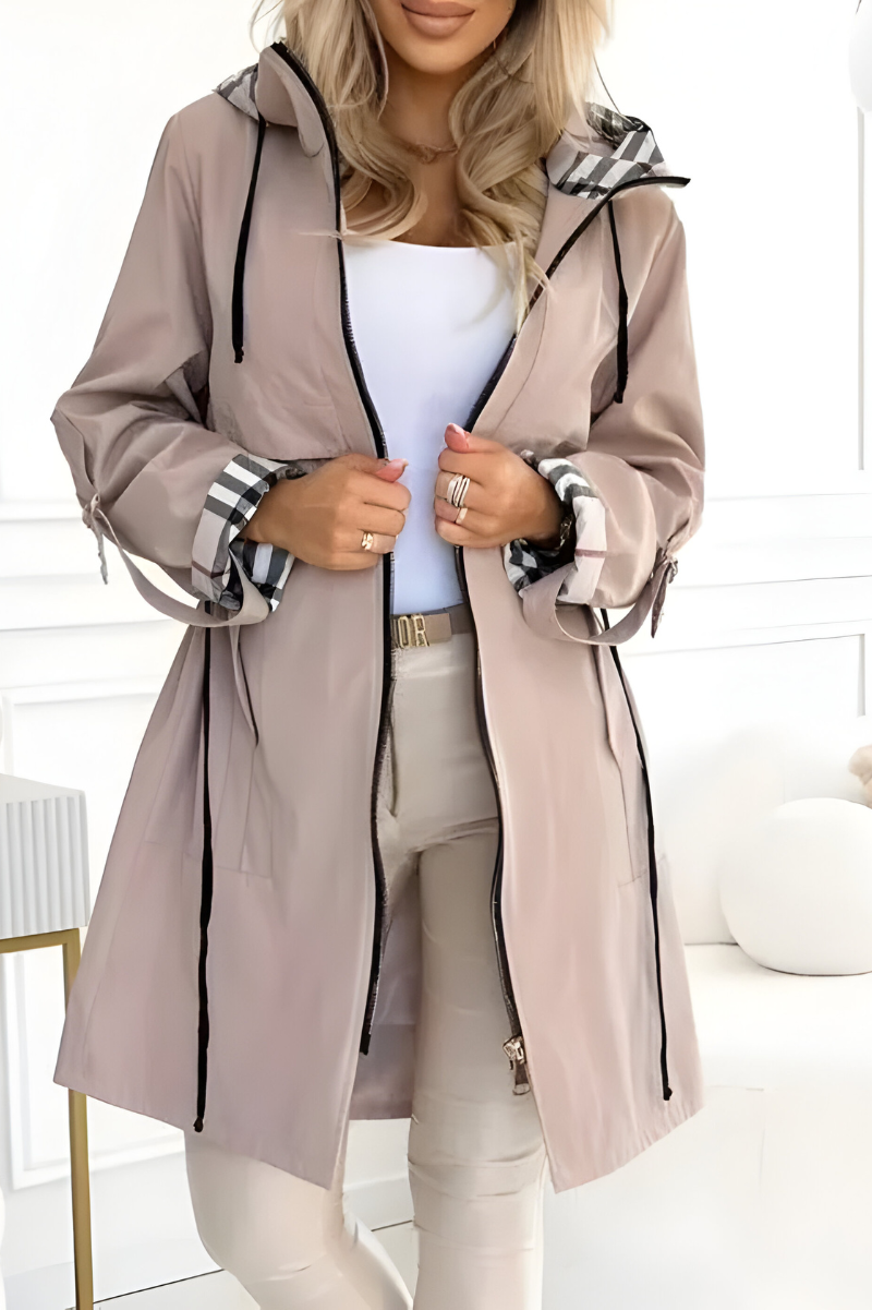 Women's Hooded Parka with Drawstring Waist and Check Lining - photo 2