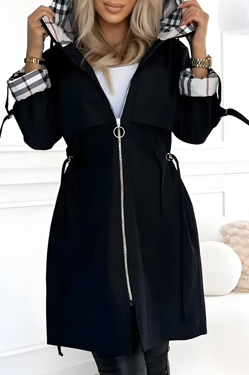 Women's Hooded Parka with Drawstring Waist and Check Lining - photo 3
