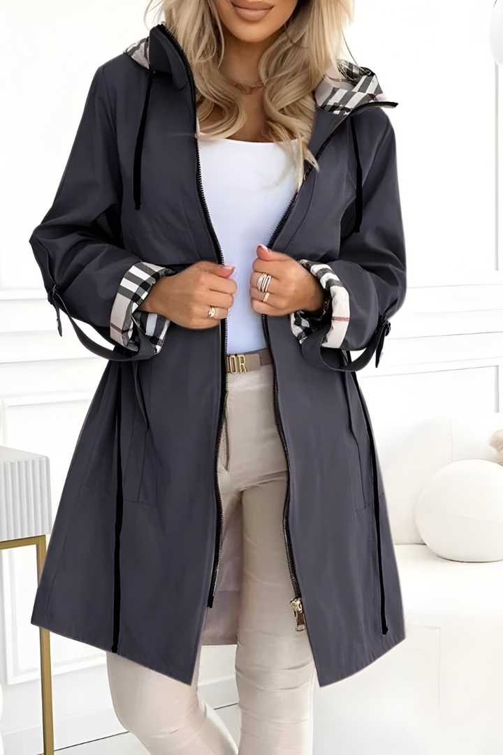 Women's Hooded Parka with Drawstring Waist and Check Lining - photo 4