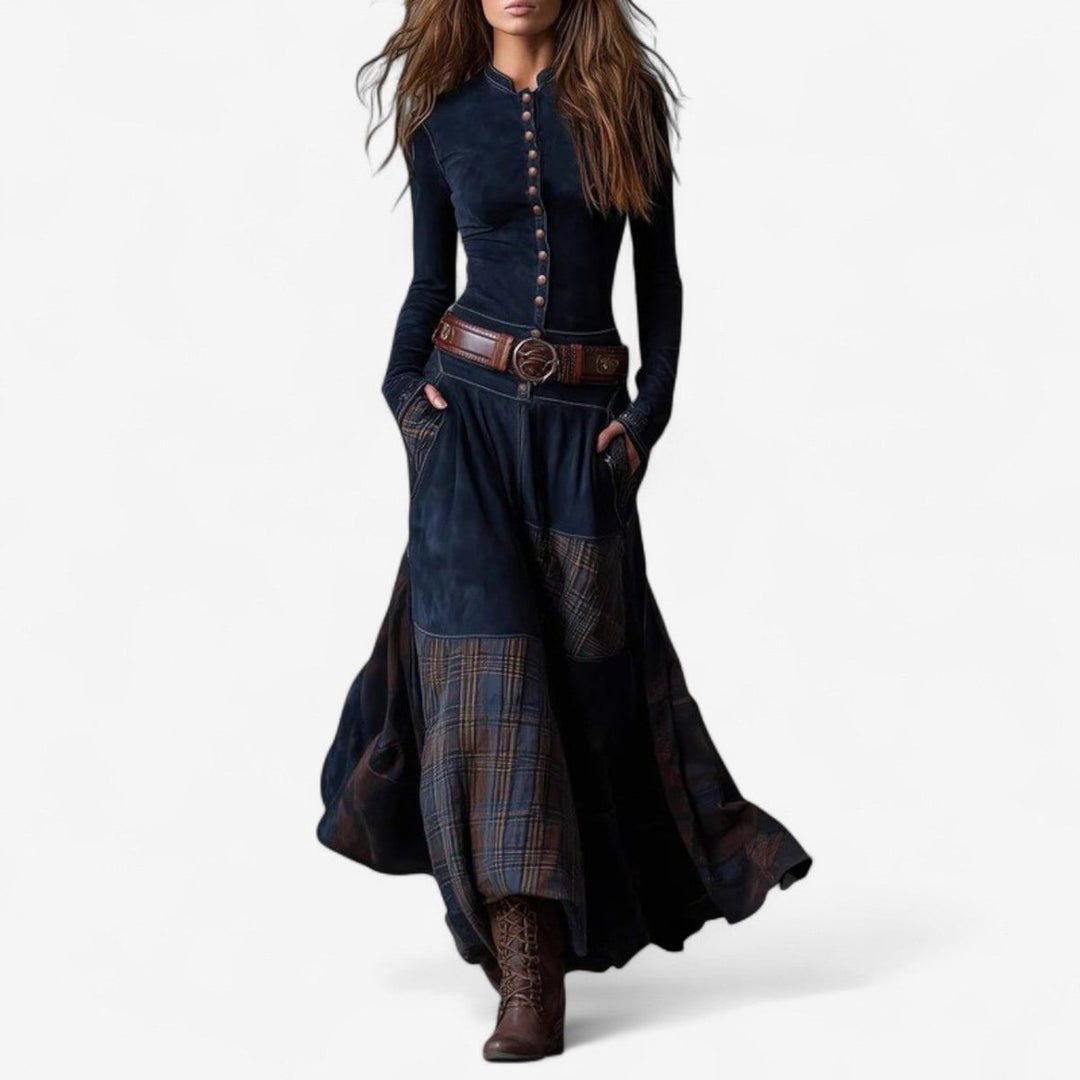 Women's Patchwork Plaid Button-up Long Sleeve Maxi Dress - photo 1