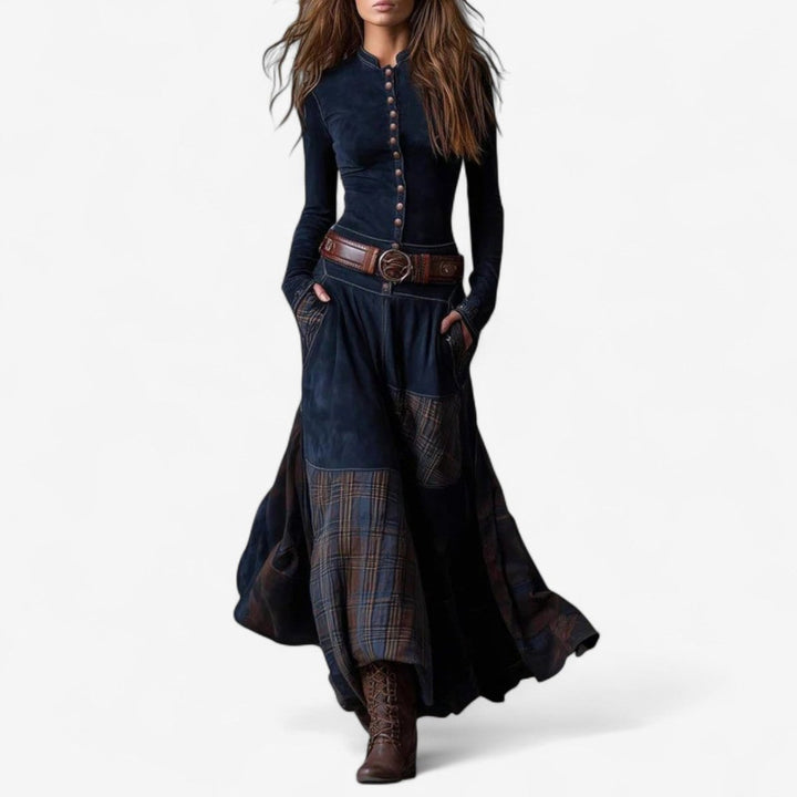 Women's Patchwork Plaid Button-up Long Sleeve Maxi Dress - photo 1
