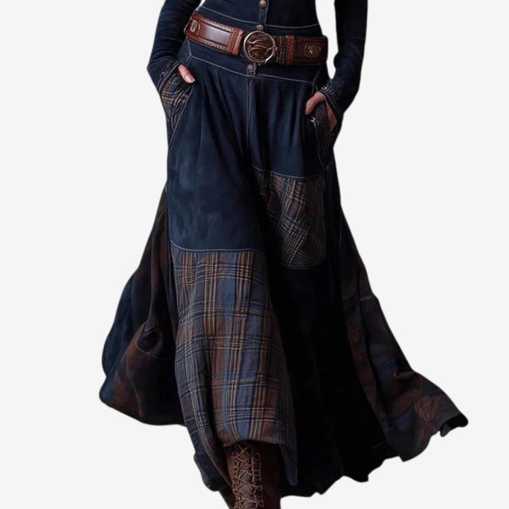 Women's Patchwork Plaid Button-up Long Sleeve Maxi Dress - photo 3
