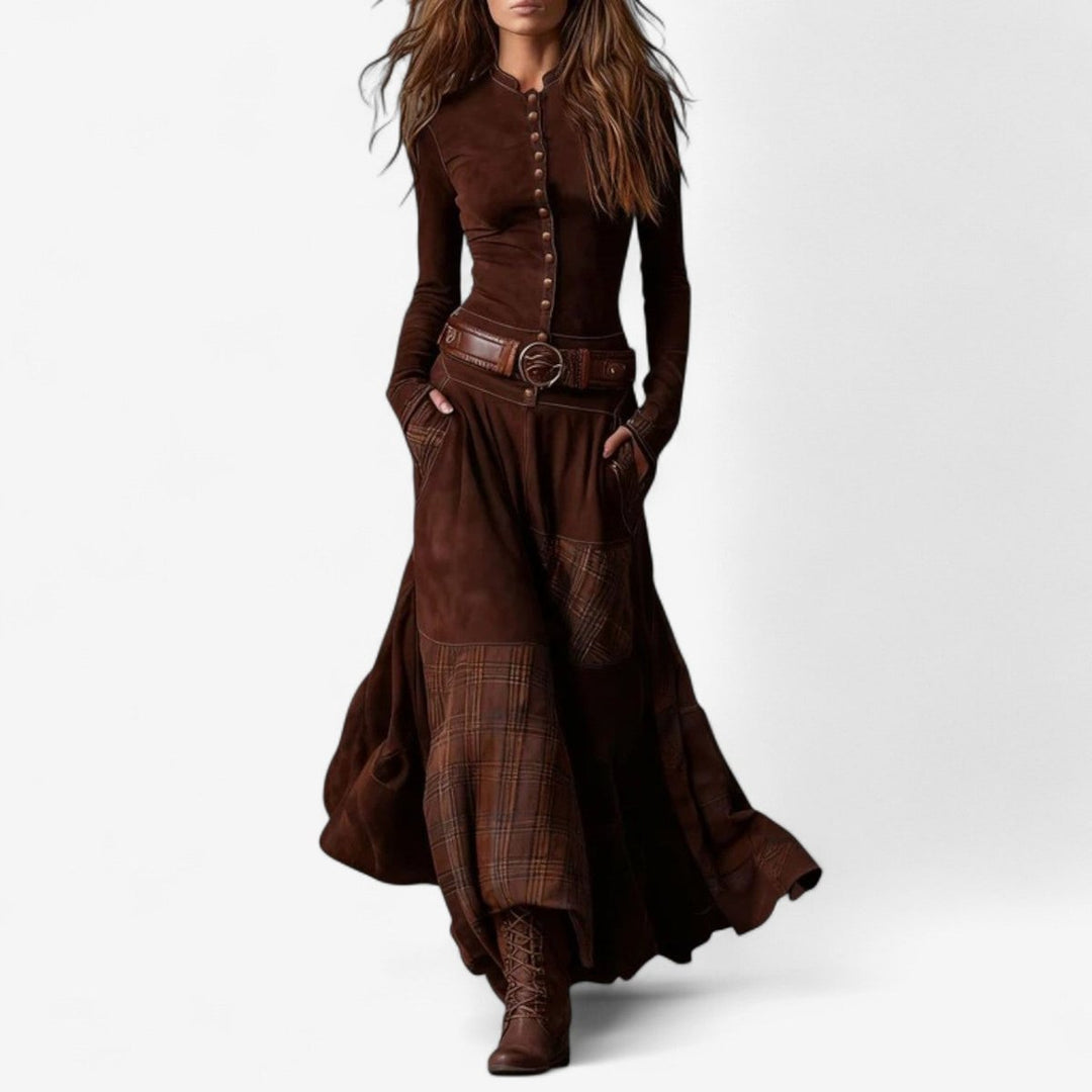 Women's Patchwork Plaid Button-up Long Sleeve Maxi Dress - photo 5