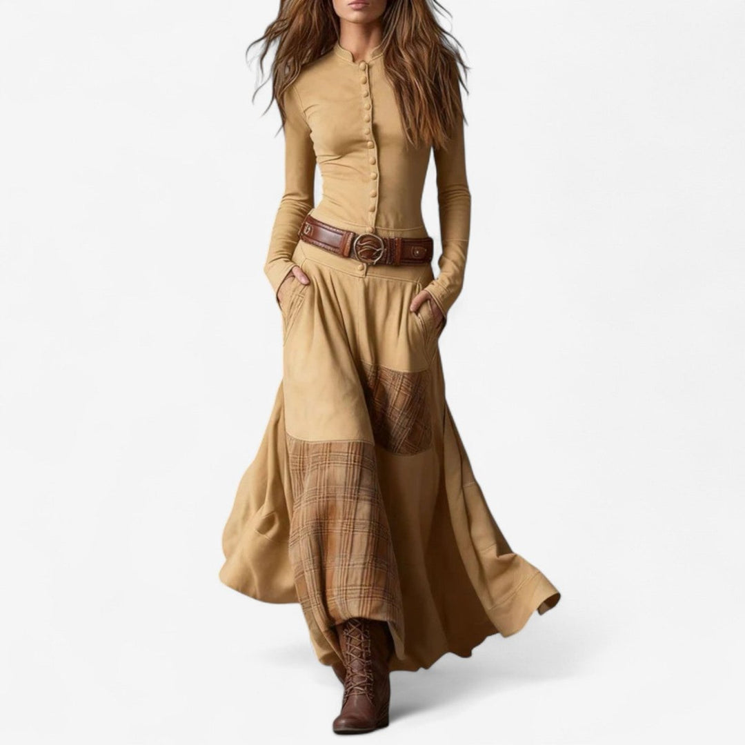 Women's Patchwork Plaid Button-up Long Sleeve Maxi Dress - photo 6