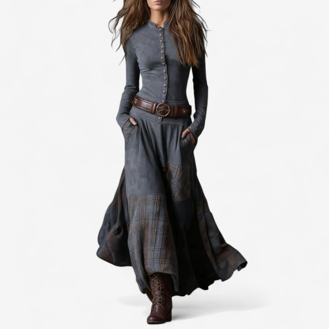 Women's Patchwork Plaid Button-up Long Sleeve Maxi Dress - photo 7