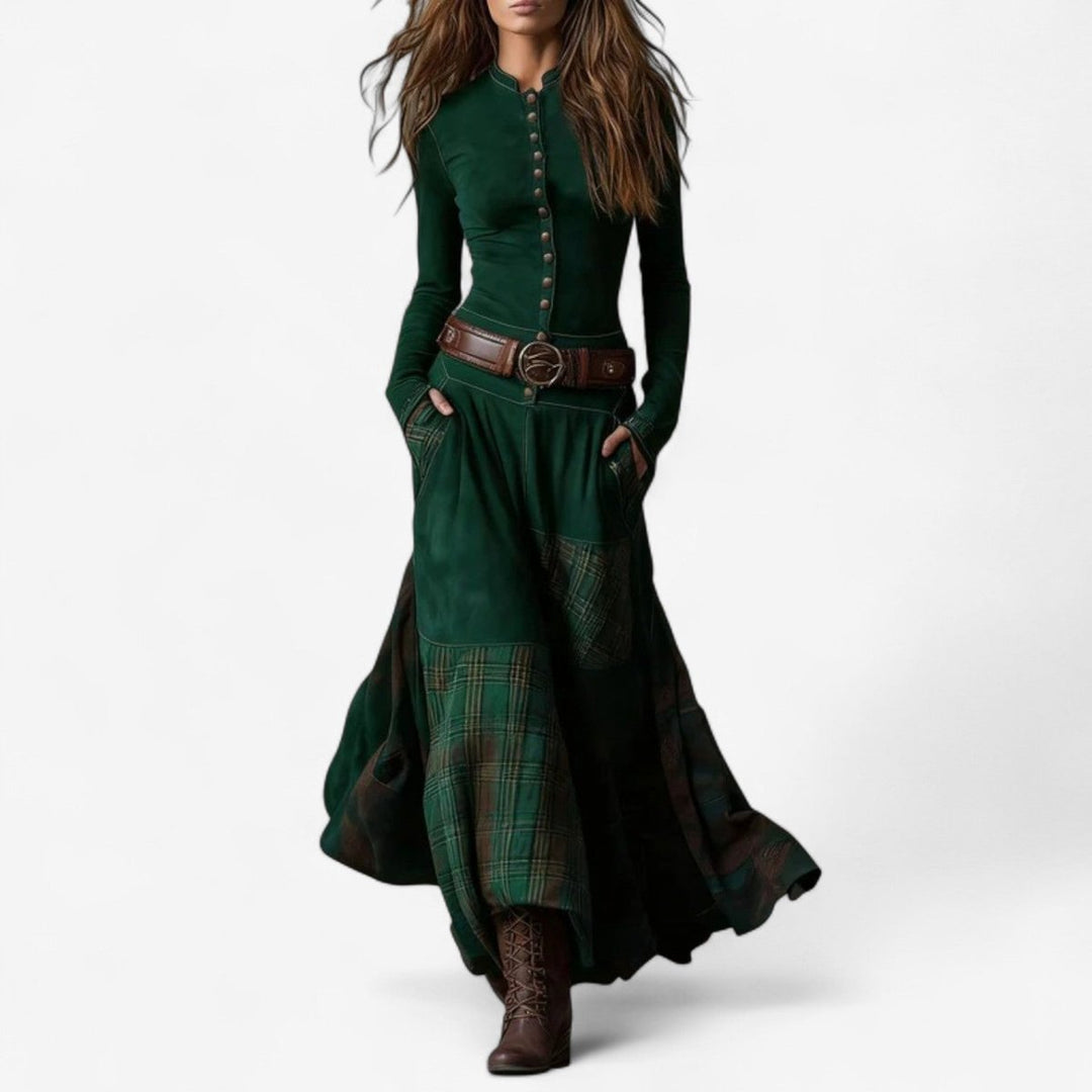 Women's Patchwork Plaid Button-up Long Sleeve Maxi Dress - photo 8