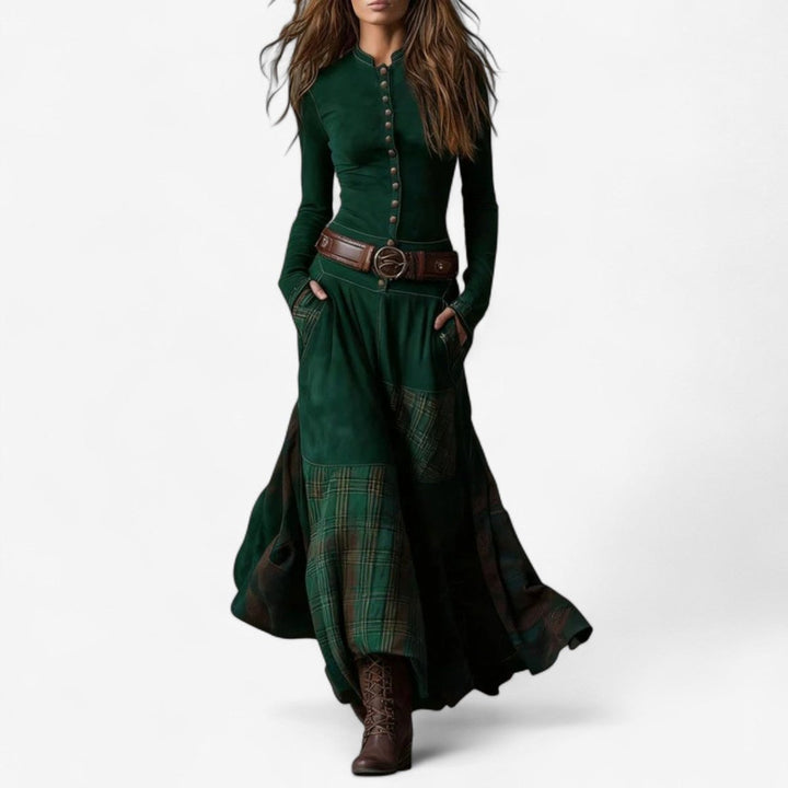 Women's Patchwork Plaid Button-up Long Sleeve Maxi Dress - photo 8