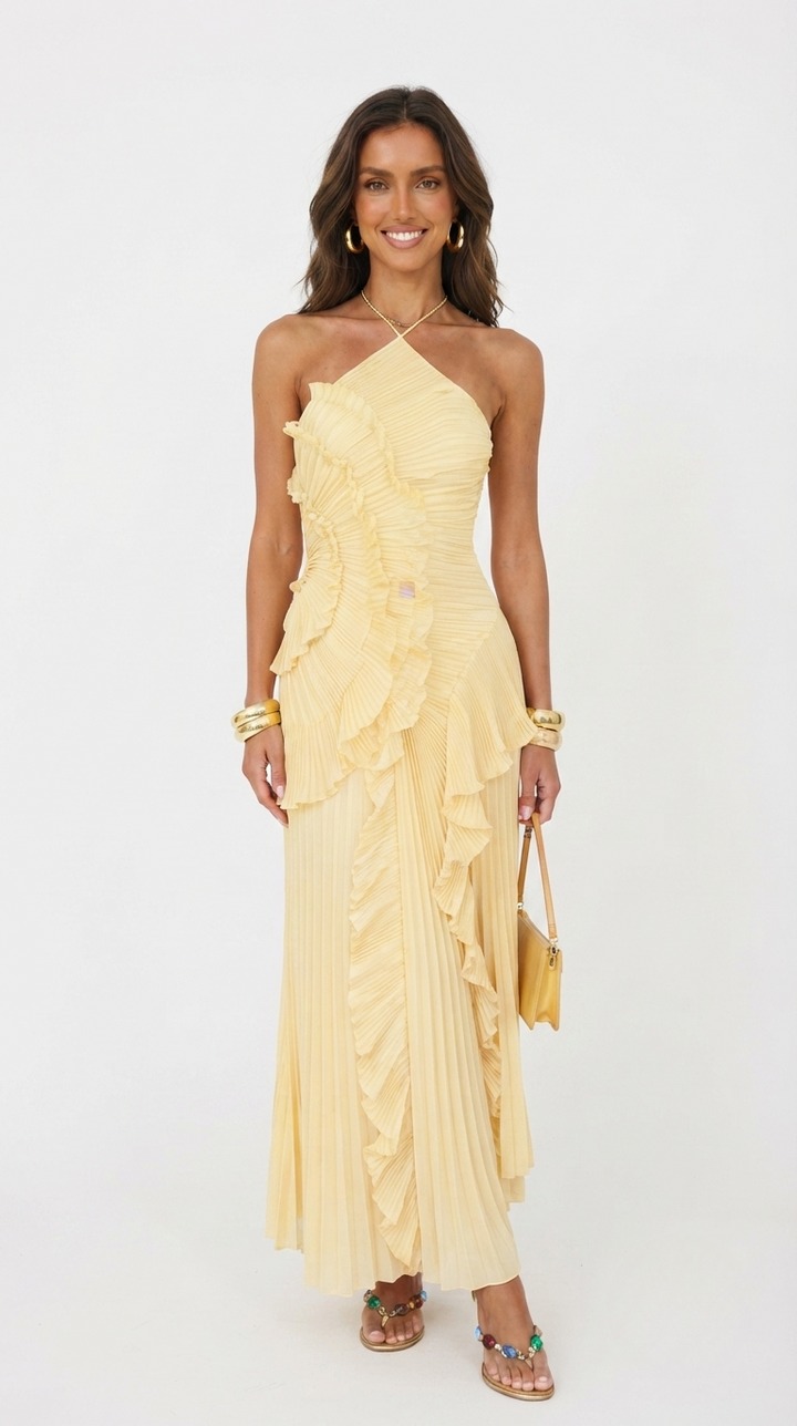 Women's Pleated Ruffled Maxi Dress with Halter Neck - photo 1
