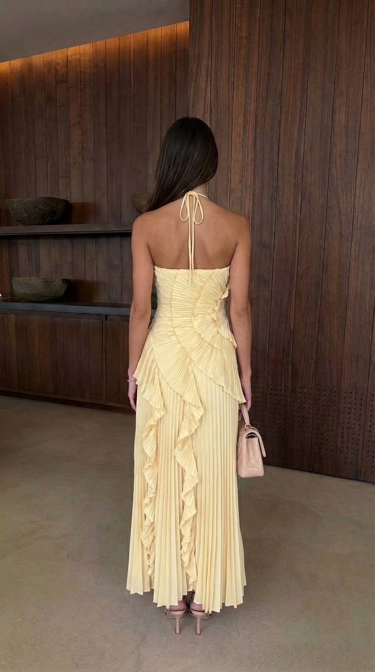 Women's Pleated Ruffled Maxi Dress with Halter Neck - photo 12