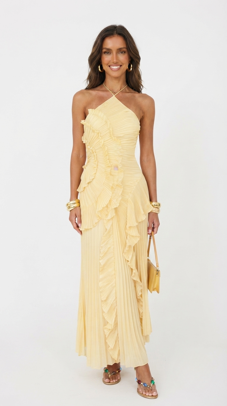Women's Pleated Ruffled Maxi Dress with Halter Neck - photo 13