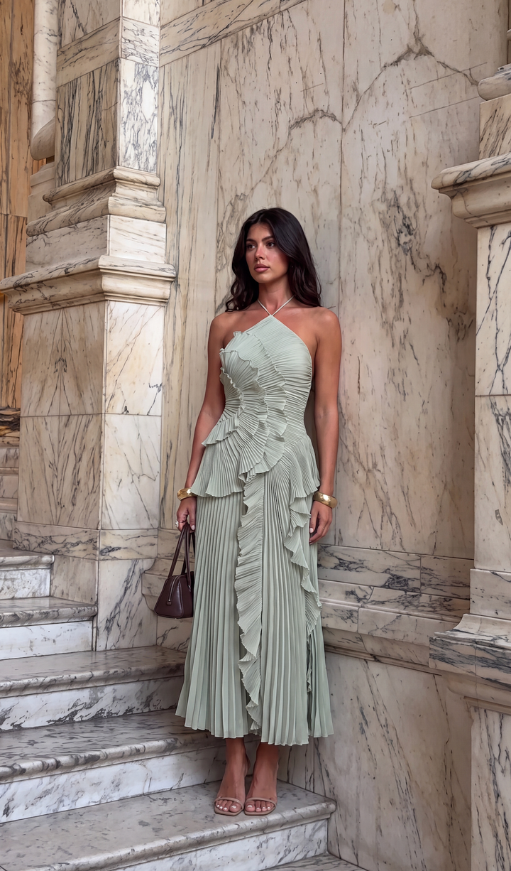 Women's Pleated Ruffled Maxi Dress with Halter Neck - photo 6