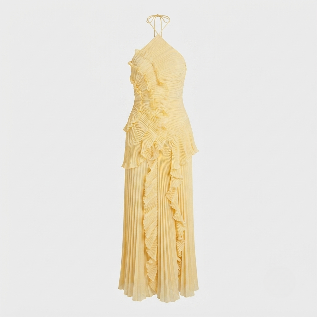Women's Pleated Ruffled Maxi Dress with Halter Neck - photo 7