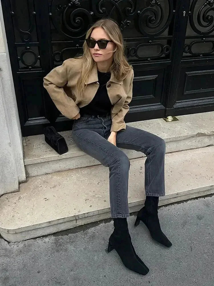 Women's Cropped Blazer with Flap Pockets - photo 4