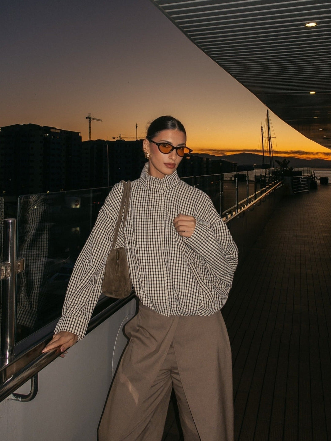 Women's Checked Funnel Neck Jacket with Button Front - photo 1