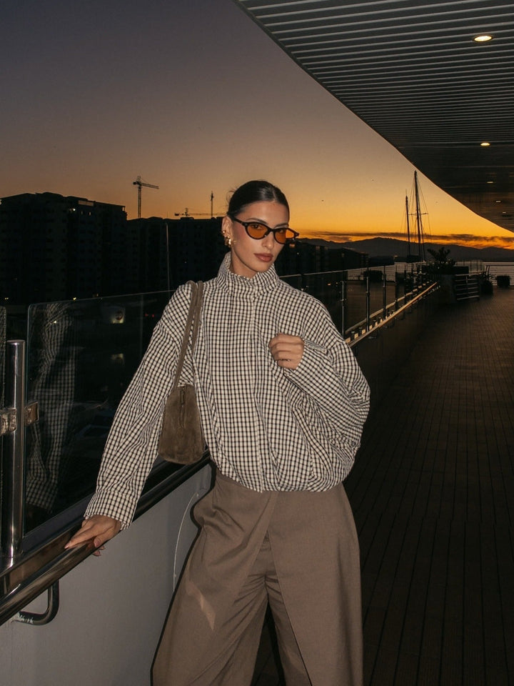 Women's Checked Funnel Neck Jacket with Button Front - photo 1