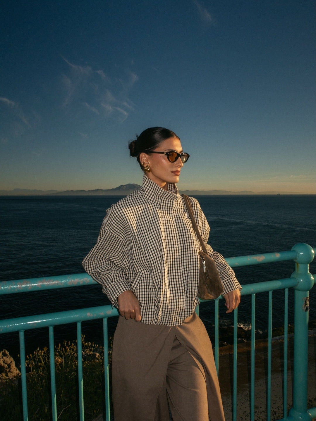 Women's Checked Funnel Neck Jacket with Button Front - photo 4